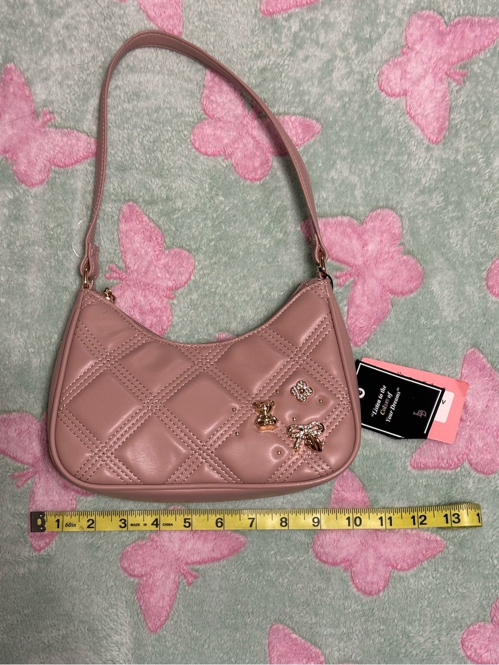 Quilted Pink Shoulder Bag with Decorative Charms